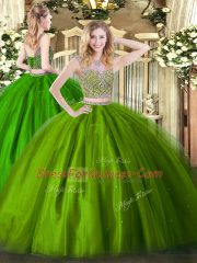 Fabulous Olive Green Two Pieces Tulle Scoop Sleeveless Beading Floor Length Lace Up Quinceanera Dress