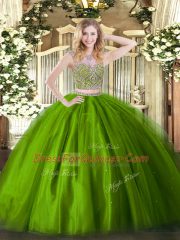 Fabulous Olive Green Two Pieces Tulle Scoop Sleeveless Beading Floor Length Lace Up Quinceanera Dress