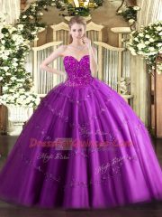 Fuchsia Ball Gowns Beading Ball Gown Prom Dress Lace Up Tulle Sleeveless Floor Length