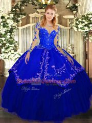 Royal Blue Ball Gowns Organza and Taffeta Scoop Long Sleeves Lace and Embroidery Floor Length Lace Up 15th Birthday Dress