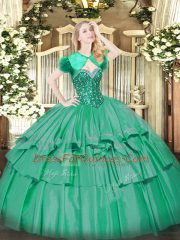 Sleeveless Floor Length Beading and Ruffled Layers Lace Up Quinceanera Dress with Turquoise