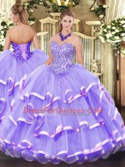 Clearance Lavender Sweetheart Neckline Appliques and Ruffled Layers Quince Ball Gowns Sleeveless Lace Up