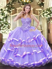 Clearance Lavender Sweetheart Neckline Appliques and Ruffled Layers Quince Ball Gowns Sleeveless Lace Up