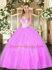 Stylish Floor Length Lace Up Sweet 16 Quinceanera Dress Lilac for Military Ball and Sweet 16 and Quinceanera with Beading