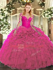 Floor Length Fuchsia Quinceanera Gowns Scoop Long Sleeves Lace Up