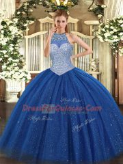 Beauteous Royal Blue Sleeveless Floor Length Beading Lace Up Sweet 16 Quinceanera Dress