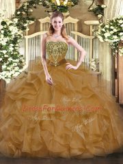 Customized Brown Organza Lace Up Ball Gown Prom Dress Sleeveless Floor Length Beading and Ruffles