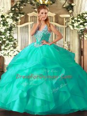 Affordable Beading and Ruffles Sweet 16 Dress Turquoise Lace Up Sleeveless Floor Length
