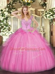 Vintage Rose Pink Tulle Lace Up Quinceanera Dresses Sleeveless Floor Length Beading