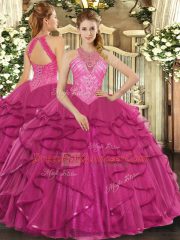 High Quality Tulle High-neck Sleeveless Lace Up Beading and Ruffles Quinceanera Gown in Hot Pink