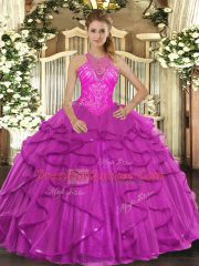 Beading and Ruffles Quinceanera Gowns Fuchsia Lace Up Sleeveless Floor Length