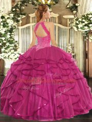 Beading and Ruffles Quinceanera Gowns Fuchsia Lace Up Sleeveless Floor Length