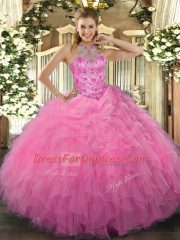 Modern Rose Pink Ball Gowns Beading and Embroidery and Ruffles Quinceanera Dress Lace Up Organza Sleeveless Floor Length