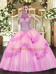 Chic Rose Pink Halter Top Neckline Beading and Appliques Quinceanera Dresses Sleeveless Lace Up