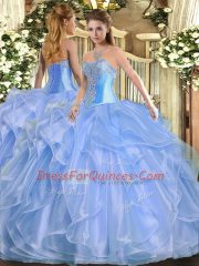 Hot Selling Sleeveless Organza Floor Length Lace Up Quinceanera Gown in Baby Blue with Beading and Ruffles