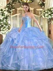 Hot Selling Sleeveless Organza Floor Length Lace Up Quinceanera Gown in Baby Blue with Beading and Ruffles
