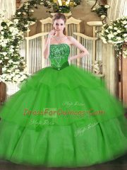 Green Ball Gowns Strapless Sleeveless Tulle Floor Length Lace Up Beading and Ruffled Layers Quince Ball Gowns