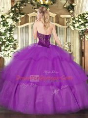 Green Ball Gowns Strapless Sleeveless Tulle Floor Length Lace Up Beading and Ruffled Layers Quince Ball Gowns