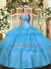 Aqua Blue Ball Gowns Tulle Sweetheart Sleeveless Beading and Ruffled Layers Floor Length Lace Up Quinceanera Gowns