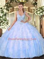 Super Floor Length Light Blue Quinceanera Gowns Tulle Sleeveless Beading