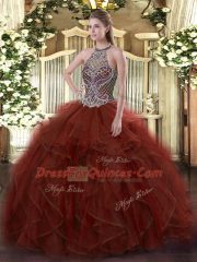Halter Top Sleeveless Vestidos de Quinceanera Floor Length Beading and Ruffles Rust Red Organza