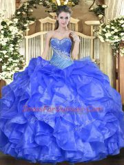 Beading and Ruffles 15 Quinceanera Dress Blue Lace Up Sleeveless Floor Length