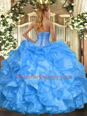 Beading and Ruffles 15 Quinceanera Dress Blue Lace Up Sleeveless Floor Length
