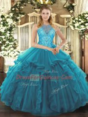 Edgy High-neck Sleeveless 15 Quinceanera Dress Asymmetrical Beading and Ruffles Teal Organza