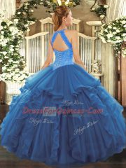 Edgy High-neck Sleeveless 15 Quinceanera Dress Asymmetrical Beading and Ruffles Teal Organza