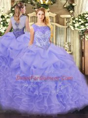 Sleeveless Organza Zipper Quince Ball Gowns in Lavender with Beading and Ruffles