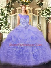 Sleeveless Organza Zipper Quince Ball Gowns in Lavender with Beading and Ruffles