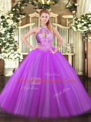 Sleeveless Floor Length Sequins Lace Up Ball Gown Prom Dress with Purple