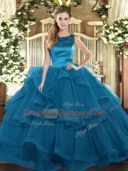 Scoop Sleeveless Lace Up Quinceanera Gowns Teal Tulle