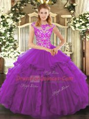 Colorful Cap Sleeves Floor Length Beading and Ruffles Lace Up Vestidos de Quinceanera with Purple