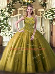 Olive Green Tulle Zipper Quinceanera Gowns Sleeveless Floor Length Appliques