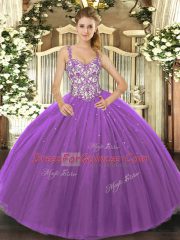 Floor Length Lace Up Quinceanera Gowns Purple for Sweet 16 and Quinceanera with Beading and Appliques