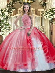 High-neck Sleeveless Lace Up 15th Birthday Dress Red Tulle