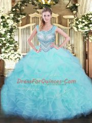 Aqua Blue Sleeveless Floor Length Beading and Ruffles and Pick Ups Lace Up 15th Birthday Dress