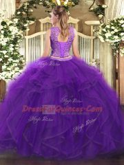 Sleeveless Tulle Floor Length Lace Up Quince Ball Gowns in Turquoise with Beading and Ruffles