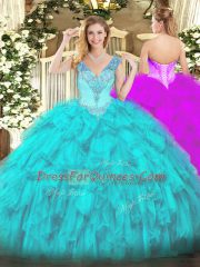 V-neck Sleeveless Lace Up Quinceanera Gown Aqua Blue Organza