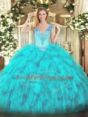 V-neck Sleeveless Lace Up Quinceanera Gown Aqua Blue Organza