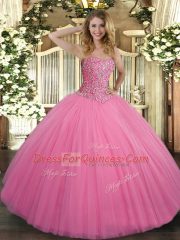 Ball Gowns Quinceanera Dress Rose Pink Sweetheart Tulle Sleeveless Floor Length Lace Up