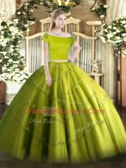 Olive Green Off The Shoulder Zipper Appliques Quinceanera Gown Short Sleeves