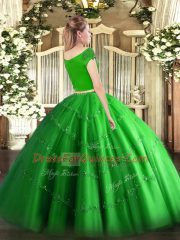 Olive Green Off The Shoulder Zipper Appliques Quinceanera Gown Short Sleeves