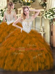 Flare Brown Sleeveless Beading and Ruffles Floor Length Quinceanera Dresses