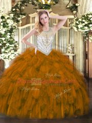 Flare Brown Sleeveless Beading and Ruffles Floor Length Quinceanera Dresses
