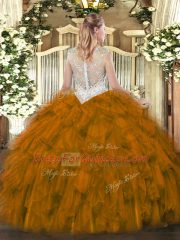 Flare Brown Sleeveless Beading and Ruffles Floor Length Quinceanera Dresses