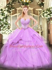 Lavender Ball Gowns Sweetheart Sleeveless Tulle Floor Length Lace Up Beading and Ruffles Quinceanera Dresses