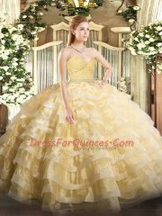 Floor Length Zipper Sweet 16 Quinceanera Dress Gold for Military Ball and Sweet 16 and Quinceanera with Beading and Lace and Ruffled Layers