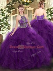 Purple Lace Up Ball Gown Prom Dress Beading and Ruffles Sleeveless Floor Length